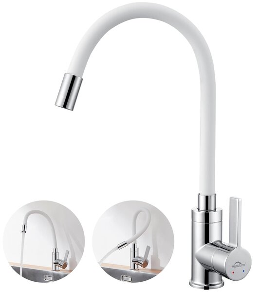 Rubinetto da cucina, miscelatore per lavello - Bocca flessibile - Rotazione a 360° - Bianco - Aeratore a risparmio idrico