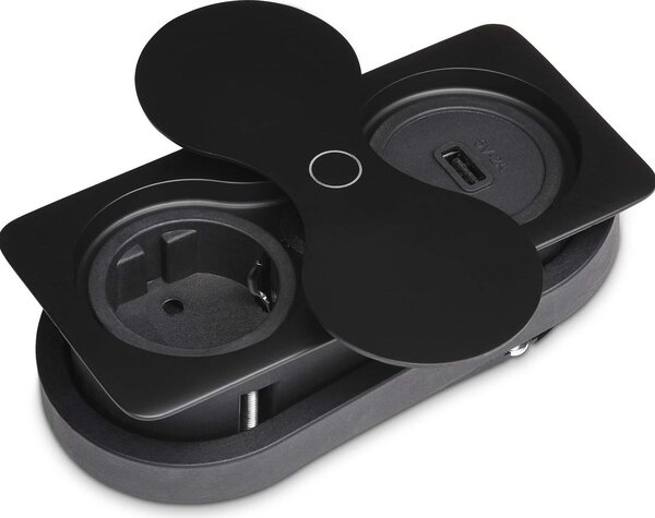 Presa da incasso angolare (1 x connessione USB / 1 x presa Schuko) nera incl. spina con copertura girevole push-to-open Elemento di presa per piani di lavoro e scrivanie di SOTECH