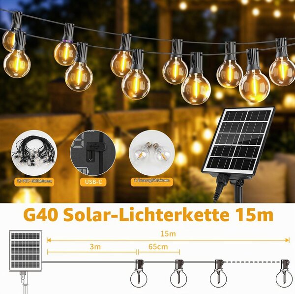 Catena luminosa solare Hoteril G40 per esterni, 15 metri – 19+2 luci LED in plastica PET, 2200K luce calda, grado di protezione IP65, 8 modalità + timer + ricaricabile tramite USB, batteria da 2400mAh per balcone, giardino, terrazza