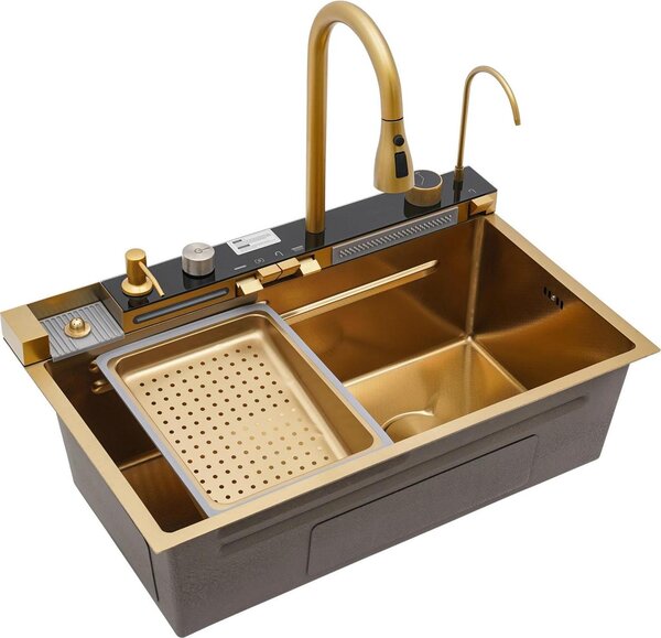 Lavabo con display digitale intelligente, rubinetto estraibile, flusso d'acqua multimodale, oro