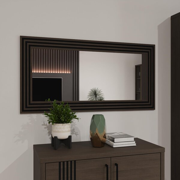 Specchio EUFEMIUS, modello 120, specchio moderno con cornice sagomata, decoro in legno effetto noce scuro/nero, dimensioni: 120 cm di larghezza x 60 cm di altezza x 1,6 cm di profondità