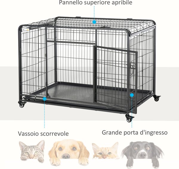 PawHut Kennel Gabbia per Cani Pieghevole Doppia Porta con Blocco 4 Ruote con Freno e Fondo Rimovibile, 125x76x81cm|Aosom