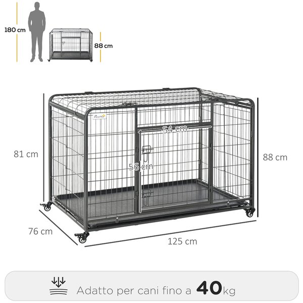 PawHut Kennel Gabbia per Cani Pieghevole Doppia Porta con Blocco 4 Ruote con Freno e Fondo Rimovibile, 125x76x81cm|Aosom