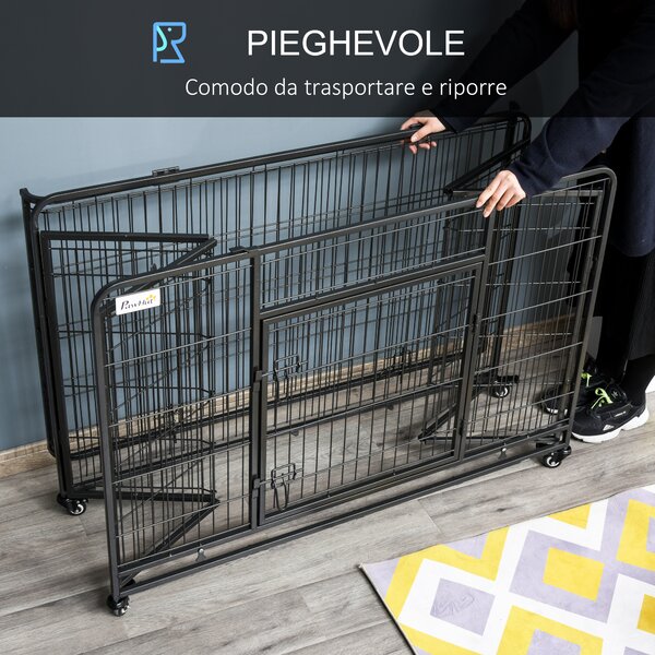 PawHut Kennel Gabbia per Cani Pieghevole Doppia Porta con Blocco 4 Ruote con Freno e Fondo Rimovibile, 125x76x81cm|Aosom