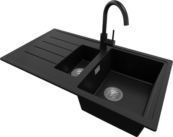 Lavello in granito PRIMAGRAN nero 90x50 cm, lavello a 1,5 vasche + rubinetto da cucina 32x20 cm + set di scarico, lavello da cucina per mobili base da 60 cm - Copenhagen Duo