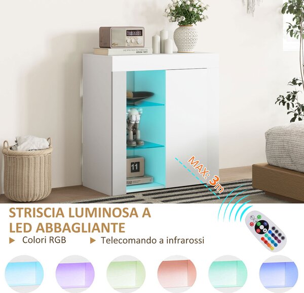 HOMCOM Mobile Contenitore a LED con 3 Ripiani Aperti e Armadietto a 2 Livelli, in Legno e Vetro, 75x40.1x83 cm, Bianco