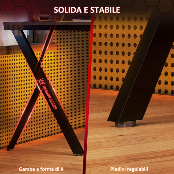 HOMCOM Scrivania Gaming con Luci LED RGB Regolabili e Gambe a K, in Legno e Acciaio, 120x60x75 cm, Nero