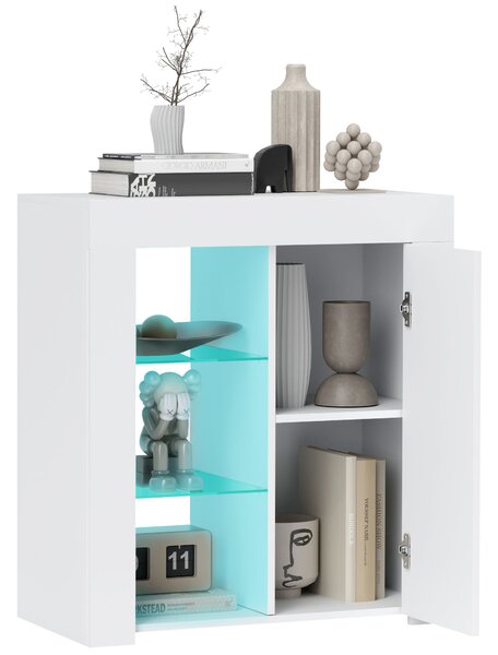 HOMCOM Mobile Contenitore a LED con 3 Ripiani Aperti e Armadietto a 2 Livelli, in Legno e Vetro, 75x40.1x83 cm, Bianco