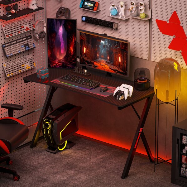 HOMCOM Scrivania Gaming con Luci LED RGB Regolabili e Gambe a K, in Legno e Acciaio, 120x60x75 cm, Nero