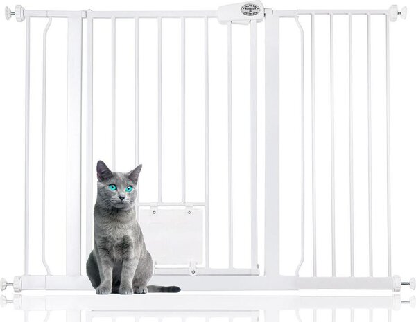 Bettacare: barriera per animali domestici con gattaiola chiudibile a chiave, 113,8 cm - 121,4 cm, bianco
