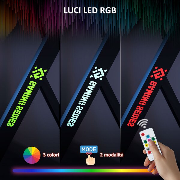 HOMCOM Scrivania Gaming con Luci LED RGB Regolabili e Gambe a K, in Legno e Acciaio, 120x60x75 cm, Nero