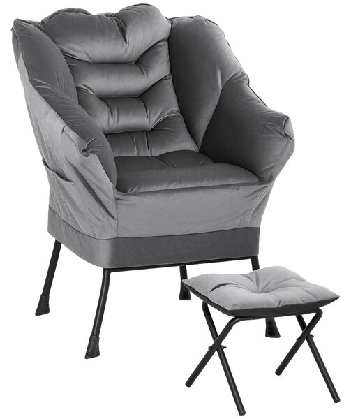 HOMCOM Poltrona Moderna con Poggiapiedi e 2 Tasche Laterali, in Tessuto Effetto Velluto e Acciaio, 80x78x100 cm, Grigio