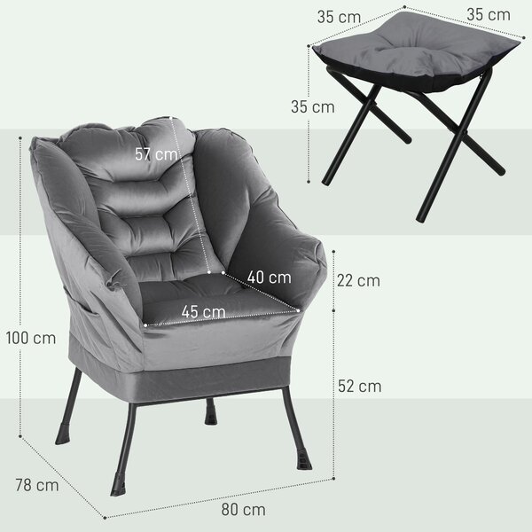 HOMCOM Poltrona Moderna con Poggiapiedi e 2 Tasche Laterali, in Tessuto Effetto Velluto e Acciaio, 80x78x100 cm, Grigio