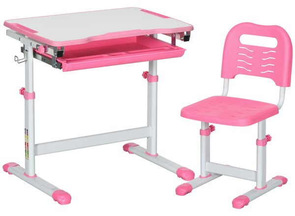 HOMCOM Banco Scuola per Bambini 6-12 Anni con Sedia e Altezza Regolabile, Piano Inclinabile, 66x47x52-77 cm, Rosa