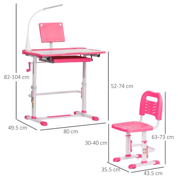 HOMCOM Set Scrivania per Bambini 6-12 Anni con Sedia Regolabile in Altezza, Cassetto, Luce e Piano Inclinabile, Rosa