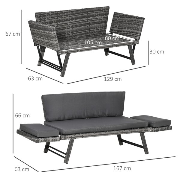 Outsunny Divano da Giardino 2 Posti in Rattan con Imbottitura e Braccioli Ribaltabili, 129x63x67cm, Grigio|Aosom