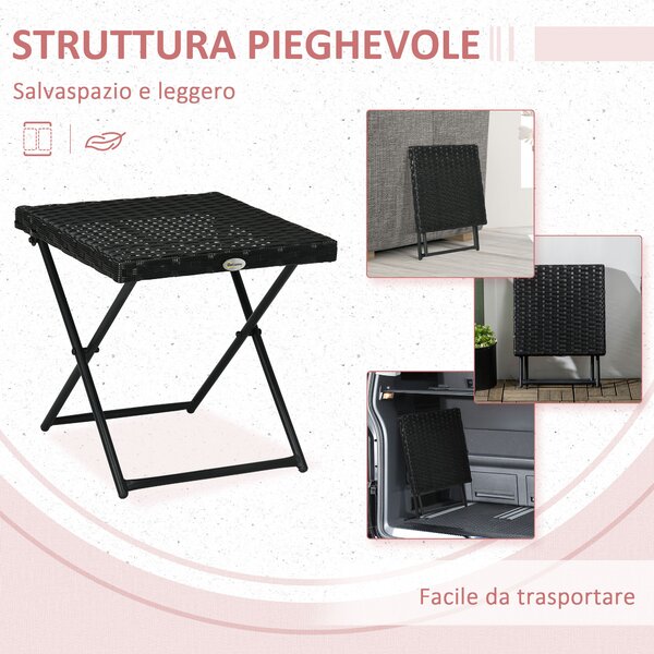 Outsunny Tavolino da Giardino Pieghevole Salvaspazio in Rattan Sintetico e Acciaio, 40x40x40cm, Nero|Aosom