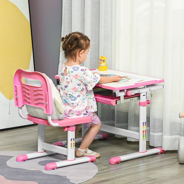 HOMCOM Banco Scuola per Bambini 6-12 Anni con Sedia e Altezza Regolabile, Piano Inclinabile, 66x47x52-77 cm, Rosa