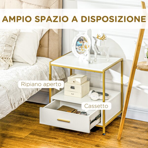 HOMCOM Set di 2 Comodini Moderni con Cassetto e Ripiano Aperto, 50x40x55cm, Bianco e Oro|Aosom