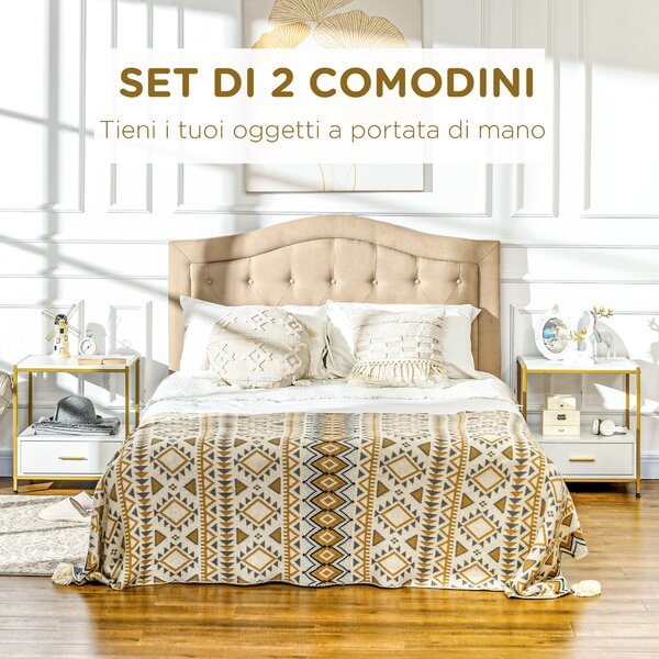 HOMCOM Set di 2 Comodini Moderni con Cassetto e Ripiano Aperto, 50x40x55cm, Bianco e Oro|Aosom