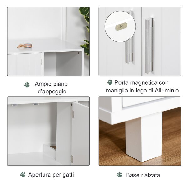 PawHut Mobile per Lettiera Gatti in Legno con 2 Ante e Apertura Laterale con Tiragraffi, Bianco|Aosom