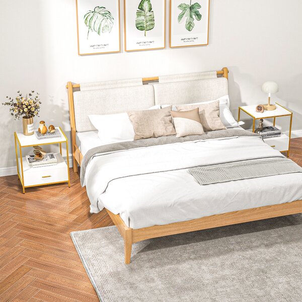 HOMCOM Set di 2 Comodini Moderni con Cassetto e Ripiano Aperto, 50x40x55cm, Bianco e Oro|Aosom