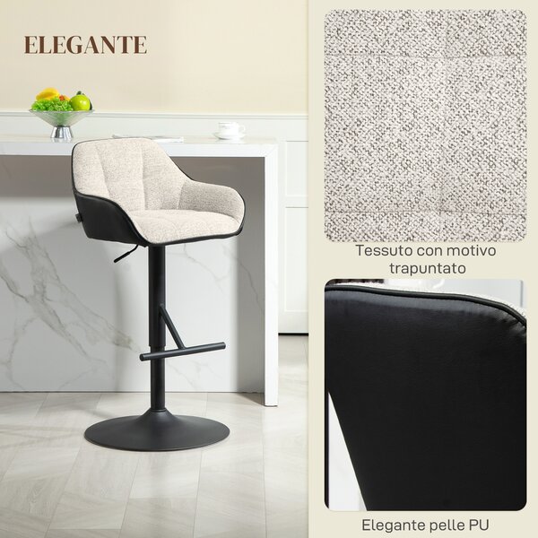 HOMCOM Set 2 Sgabelli cucina Imbottiti ad Altezza Regolabile con Schienale e Braccioli, 52.5x53x86.5-108 cm, Nero Grigio Chiaro |Aosom Italy