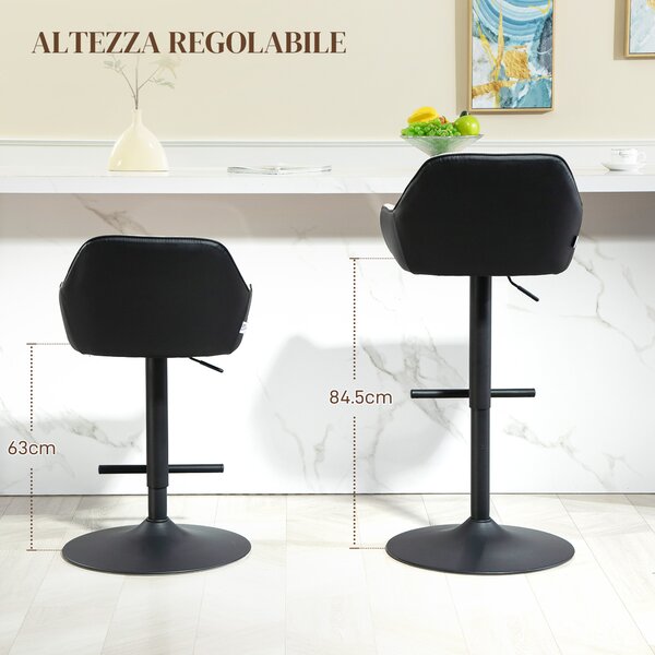 HOMCOM Set 2 Sgabelli cucina Imbottiti ad Altezza Regolabile con Schienale e Braccioli, 52.5x53x86.5-108 cm, Nero Grigio Chiaro |Aosom Italy