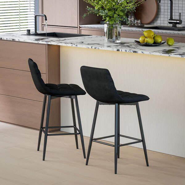 HOMCOM Set 2 Sgabelli da Cucina Stile Nordico in Tessuto Effetto Velluto e Metallo, 45x47x84 cm, Nero