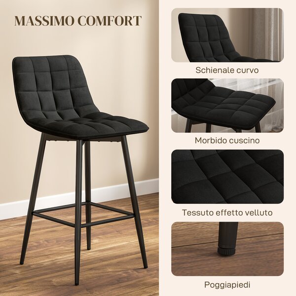 HOMCOM Set 2 Sgabelli da Cucina Stile Nordico in Tessuto Effetto Velluto e Metallo, 45x47x84 cm, Nero