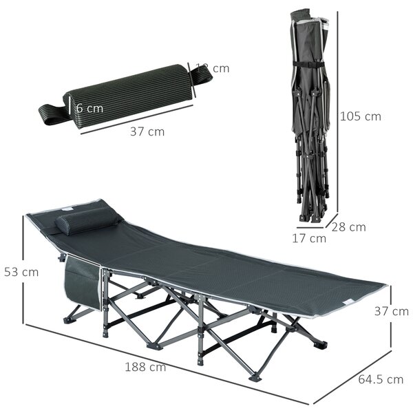 Outsunny Lettino da Campeggio Pieghevole e Imbottito con Tasca Portaoggetti, 188x64.5x53 cm, Grigio|Aosom