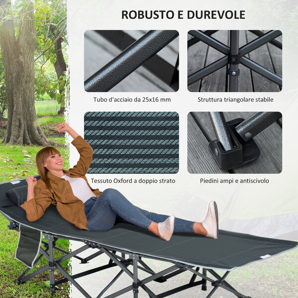 Outsunny Lettino da Campeggio Pieghevole e Imbottito con Tasca Portaoggetti, 188x64.5x53 cm, Grigio|Aosom