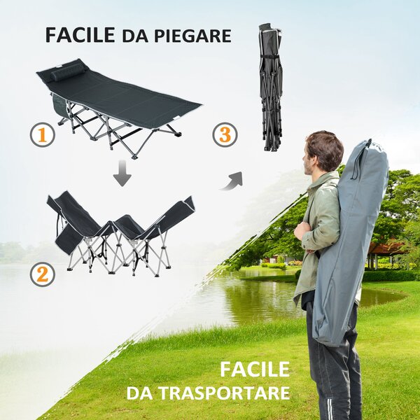 Outsunny Lettino da Campeggio Pieghevole e Imbottito con Tasca Portaoggetti, 188x64.5x53 cm, Grigio|Aosom