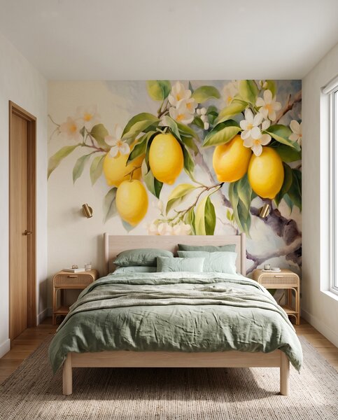 Carta da parati Limoni con fiori bianchi, Frutta, Acquerello, w01136 - Tapeko.it