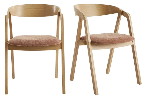 Sedie scandinave impilabili in legno chiaro massello di rovere e tessuto effetto velluto testurizzato color terracotta (set di 2) LOVA