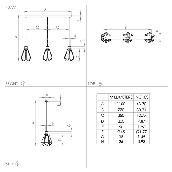 Lampadario Contemporaneo Adwickle 3 Luci Metallo Nero E Tessuto