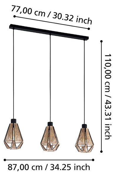 Lampadario Contemporaneo Adwickle 3 Luci Metallo Nero E Tessuto