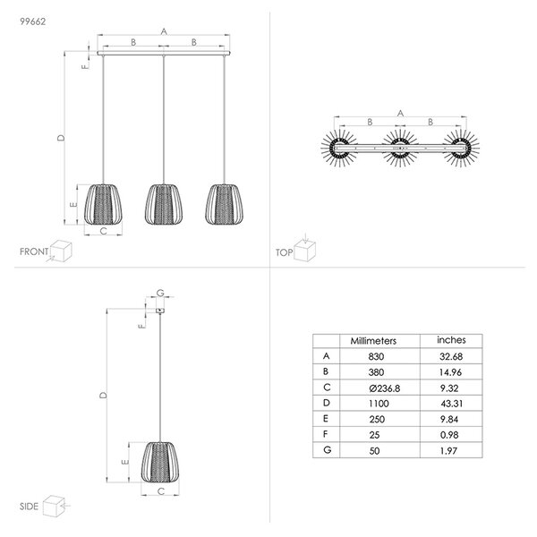 Lampadario Contemporaneo Curasao 3 Luci Acciaio Nero