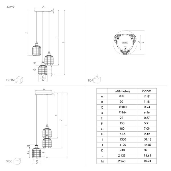 Lampadario Moderno Chisle 3 Luci Acciaio Nero