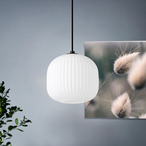 Lampadario Contemporaneo Mantunalle 1 Luce Acciaio Nero Vetro Bianco