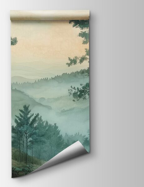 Carta da parati Pini sopra una valle, Boschi e foreste, Acquerello, w02690 - Tapeko.it