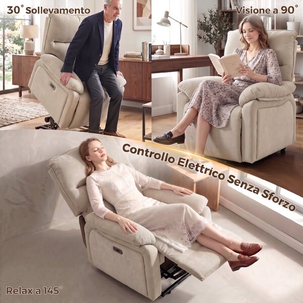 HOMCOM Poltrona Relax Alzapersona con Massaggio e Riscaldamento, per Anziani, Bianco Crema | Aosom Italy