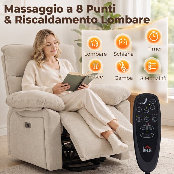 HOMCOM Poltrona Relax Alzapersona con Massaggio e Riscaldamento, per Anziani, Bianco Crema | Aosom Italy