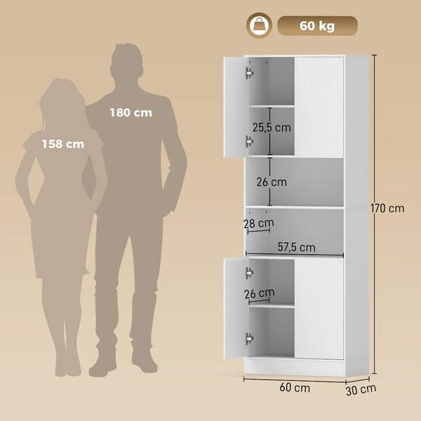 HOMCOM Credenza Dispensa da Cucina 170 cm con Mensola Regolabile, Bianco | Aosom Italy