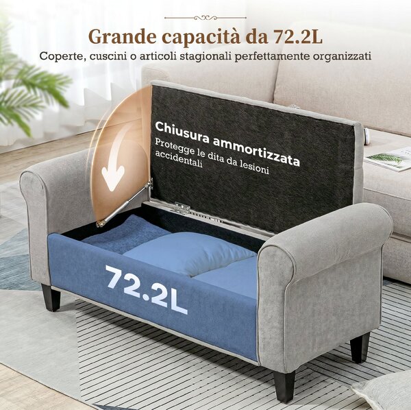 HOMCOM Panca Fondo Letto in Tessuto Effetto Velluto con Contenitore e Braccioli Arrotolati, Grigio Chiaro | Aosom Italy