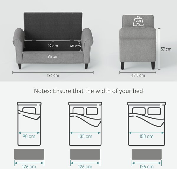 HOMCOM Panca Fondo Letto in Tessuto Effetto Velluto con Contenitore e Braccioli Arrotolati, Grigio Chiaro | Aosom Italy