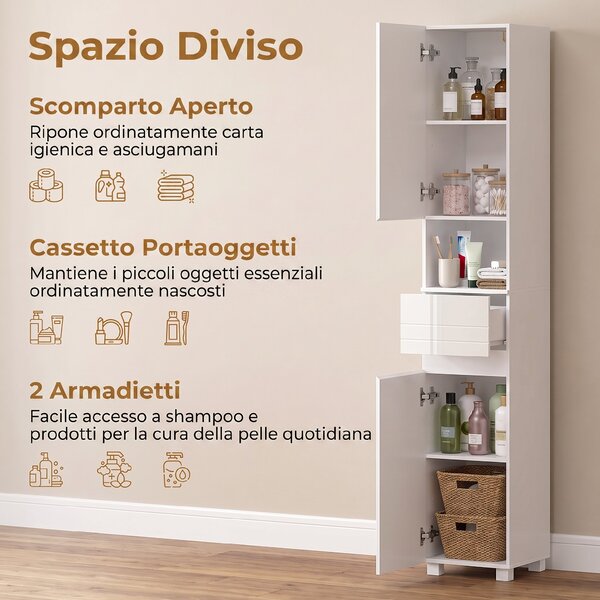 HOMCOM Mobiletto Bagno Alto Lucido con Cassetto e Ripiani Regolabili | Aosom Italy