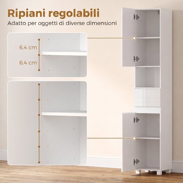 HOMCOM Mobiletto Bagno Alto Lucido con Cassetto e Ripiani Regolabili | Aosom Italy