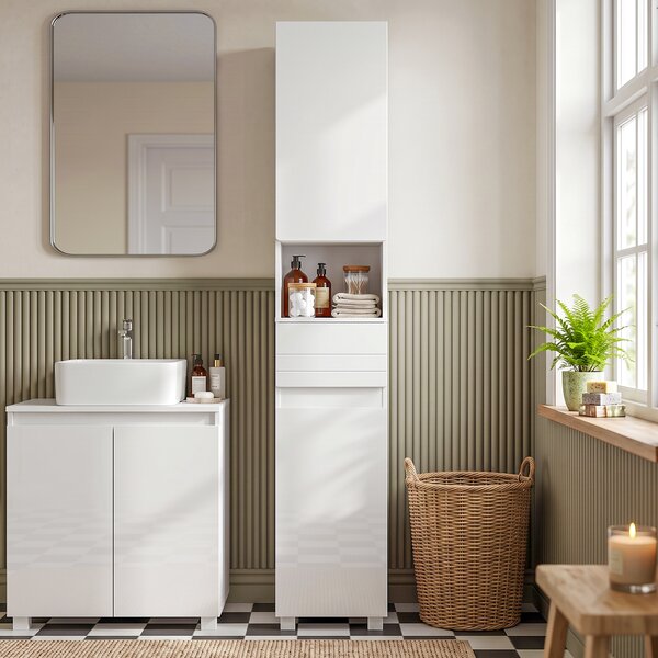 HOMCOM Mobiletto Bagno Alto Lucido con Cassetto e Ripiani Regolabili | Aosom Italy