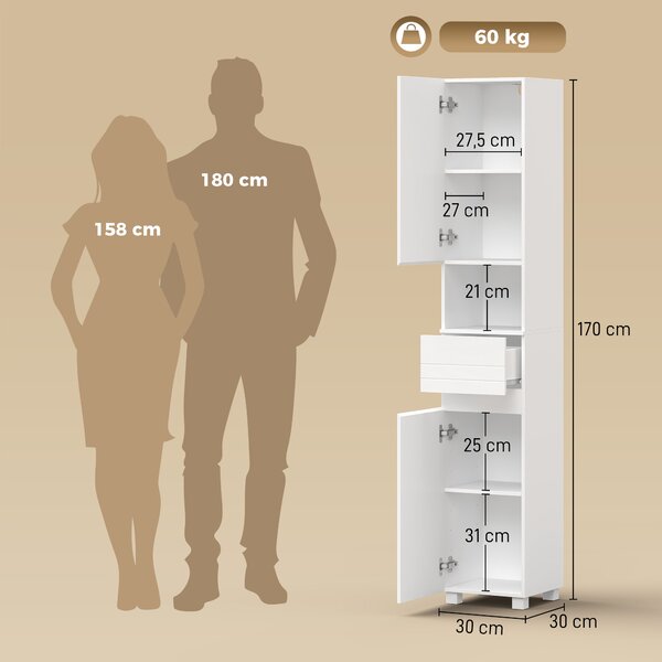 HOMCOM Mobiletto Bagno Alto Lucido con Cassetto e Ripiani Regolabili | Aosom Italy